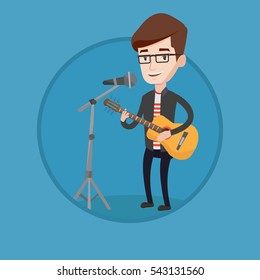 Caucasian man playing guitar. Guitar player singing song and playing an acoustic guitar. Young singer singing into a microphone. Vector flat design illustration in the circle isolated on background.