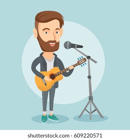 Caucasian man playing guitar. Guitar player singing song and playing an acoustic guitar. Singer singing into a microphone and playing acoustic guitar. Vector flat design illustration. Square layout.