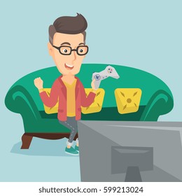 Caucasian man playing video game. An excited young man with console in hands playing video game at home. Man celebrating his victory in video game. Vector flat design illustration. Square layout.