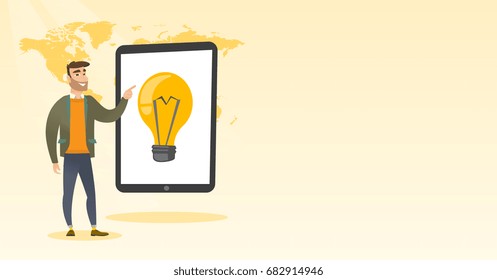 Caucasian man pointing at big tablet computer with light bulb on screen. Young hipster man standing near tablet computer on the background of world map. Vector cartoon illustration. Horizontal layout.