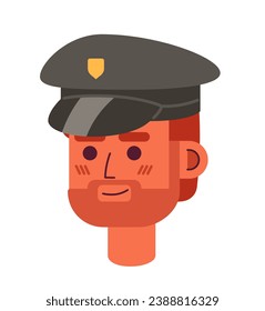 Caucasian man police officer hat 2D vector avatar illustration. European policeman detective cartoon character face portrait. Law enforcement flat color user profile image isolated on white background