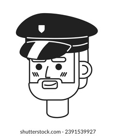 Caucasian man police officer hat black and white 2D vector avatar illustration. European policeman detective outline cartoon character face isolated. Law enforcement flat user profile image, portrait