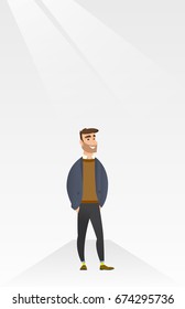 Caucasian man posing on catwalk on a fashion event. Model walking on the catwalk during a fashion week. Man standing on catwalk during fashion show. Vector flat design illustration. Vertical layout.