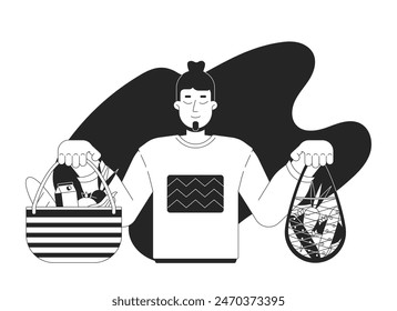 Caucasian man with products black and white cartoon flat illustration. Grocery male customer cartoon outline character isolated on white. Food overconsumption monochrome scene vector outline image