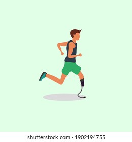 Caucasian man with prosthesis and leg brace jogging running