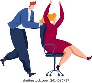 Caucasian man pushing office chair with excited woman raising arms in joy. Business celebration, employee success vector illustration.