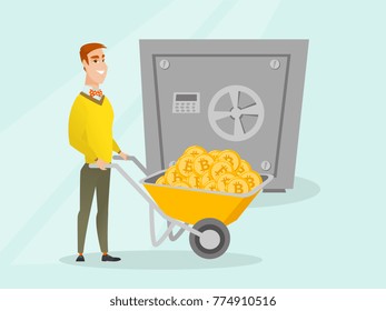 Caucasian man pushing wheelbarrow full of bitcoin coins on the background of a big safe symbolizing bitcoin cold wallet. Cryptocurrency cold wallet and security concept. Vector cartoon illustration.