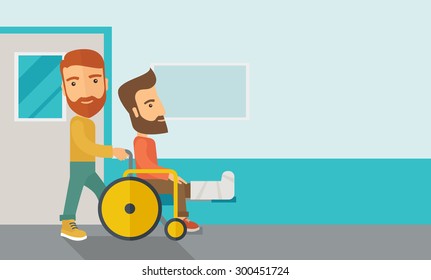 A caucasian man pushing the wheelchair with broken leg patient. Contemporary style with pastel palette, soft blue tinted background. Vector flat design illustrations. Horizontal layout with text space