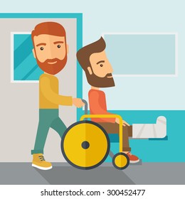 A caucasian man pushing the wheelchair with broken leg patient. Contemporary style with pastel palette, soft blue tinted background. Vector flat design illustrations. Square layout.