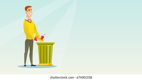 Caucasian man putting junk food into a trash bin. Man refusing to eat junk food. Man rejecting junk food. Man throwing away junk food. Diet concept. Vector flat design illustration. Horizontal layout.