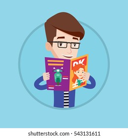 Caucasian man reading a magazine. Man standing with magazine in hands. Guy holding a magazine. Happy man reading news in journal. Vector flat design illustration in the circle isolated on background.