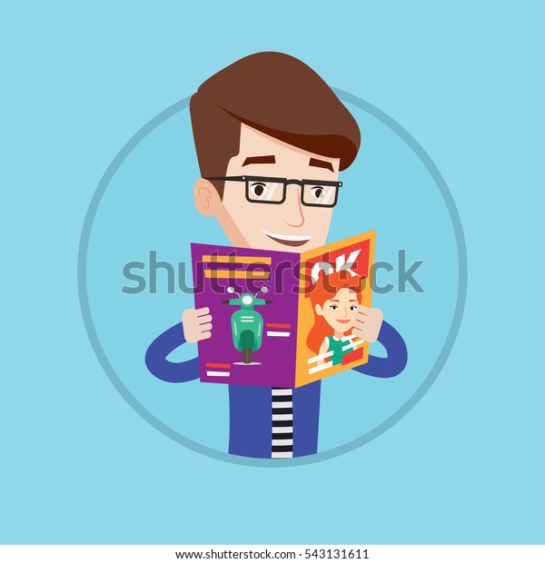 Caucasian man reading a magazine. Man\
standing with magazine in hands. Guy holding a magazine. Happy man\
reading news in journal. Vector flat design illustration in the\
circle isolated on\
background.