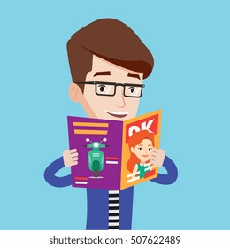 Caucasian man reading a magazine. Young man standing with magazine in hands. Cheerful man holding a magazine. Happy man reading good news in a magazine. Vector flat design illustration. Square layout.