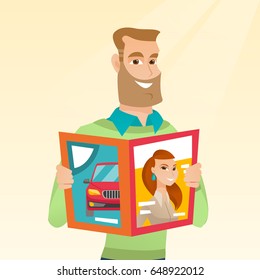 Caucasian man reading a magazine. Young man standing with a magazine in hands. Hipster man holding a magazine. Happy man reading news in a magazine. Vector flat design illustration. Square layout.