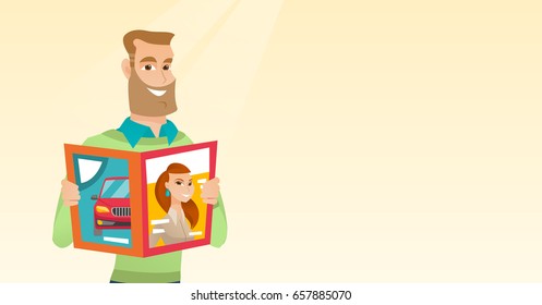 Caucasian man reading a magazine. Young man standing with a magazine in hands. Hipster man holding a magazine. Happy man reading news in a magazine. Vector flat design illustration. Horizontal layout.