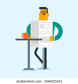 Caucasian man reading a newspaper in the cafe. Young man reading news in a newspaper. Man sitting with a newspaper in hands and drinking coffee. Vector cartoon illustration. Square layout.