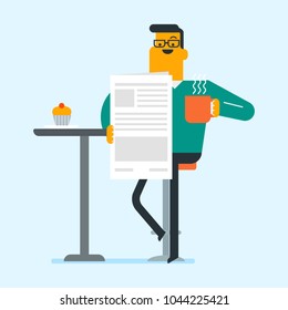 Caucasian man reading a newspaper in the cafe. Young man reading news in a newspaper. Man sitting with a newspaper in hands and drinking coffee. Vector cartoon illustration. Square layout.