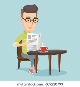 Caucasian man reading newspaper in a cafe. Adult smiling man reading the news in newspaper. Man sitting with newspaper in hands and drinking coffee. Vector flat design illustration. Square layout.