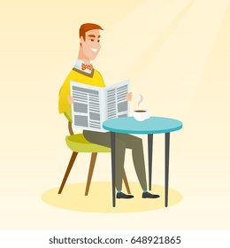Caucasian man reading a newspaper in a cafe. Young happy man reading news in a newspaper. Man sitting with a newspaper in hands and drinking coffee. Vector flat design illustration. Square layout.