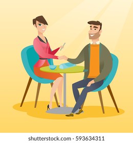 Caucasian man receiving manicure in nail salon. Professional manicurist doing manicure to a man in nail salon. Concept of body care and spa treatments. Vector flat design illustration. Square layout.