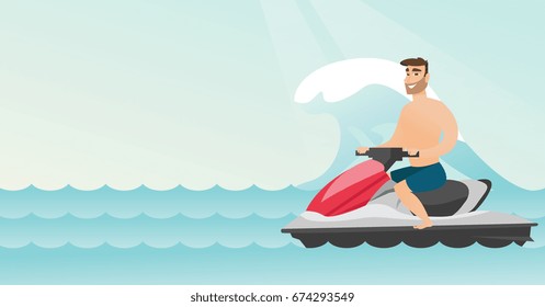 Caucasian man riding on a water scooter in the sea during summer vacation. Young man sitting on a water scooter. Sport and leisure activity concept. Vector flat design illustration. Horizontal layout.