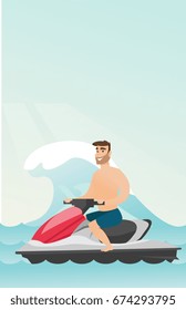Caucasian man riding on a water scooter in the sea during summer vacation. Young man sitting on a water scooter. Sport and leisure activity concept. Vector flat design illustration. Vertical layout.
