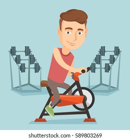 Caucasian man riding stationary bicycle in the gym. Sporty man exercising on stationary training bicycle. Young man training on exercise bicycle. Vector flat design illustration. Square layout.