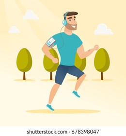 Caucasian man running with earphones and armband for smartphone. Young man using smartphone with armband to listen to music while running in the park. Vector cartoon illustration. Square layout.