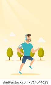 Caucasian man running with earphones and armband for smartphone. Young man using smartphone with armband to listen to music while running in the park. Vector cartoon illustration. Vertical layout.