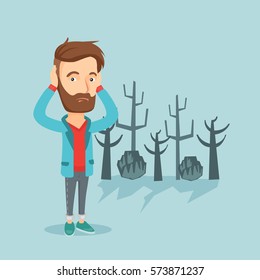 Hombre caucásico rascando la cabeza sobre el fondo de un bosque muerto. Bosque muerto causado por el calentamiento global o los incendios forestales. Concepto de destrucción ambiental. Ilustración de diseño plana vectorial. Diseño cuadrado.