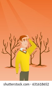 Caucasian man scratching head on the background of dead forest. Dead forest caused by global warming or wildfire. Concept of environmental destruction. Vector flat design illustration. Vertical layout