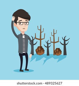 Kaukasischer Mann kratzt sich auf einem Hintergrund getrockneter Bäume. Toter Wald durch Erderwärmung oder durch Flächenbrand. Konzept der Umweltzerstörung. Vektorflache Design-Illustration. Quadrat-Layout