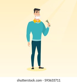 Caucasian man with shaving cream on his face and razor in hand. Man shaving face. Young man prepping face for daily shaving. Concept of daily hygiene. Vector flat design illustration. Square layout.