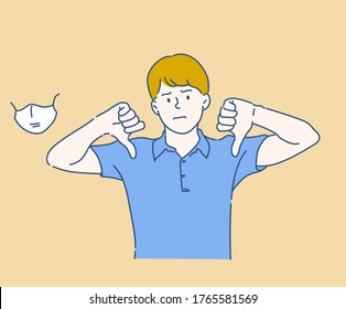 Caucasian man showing thumb down with two hands. (A Mask can be removable) Hand drawn in thin line style, vector illustrations.