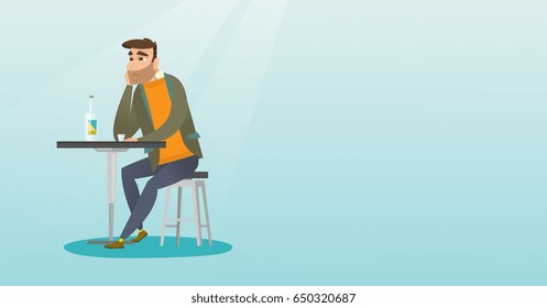 Hombre caucásico sentado en el bar tomando un cóctel. Joven triste sentado solo en el bar con un cóctel. Hombre tomando un cóctel en el bar. Ilustración de diseño plana vectorial. Diseño horizontal