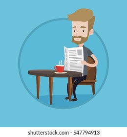 Caucasian man sitting with newspaper in hands and drinking coffee. Young hipster man with beard reading newspaper in a cafe. Vector flat design illustration in the circle isolated on background.