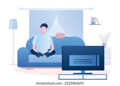 Hombre caucásico está sentado en el sofá y ver la televisión, interior de la sala de estar. Carácter masculino en estilo de moda. Ilustración vectorial