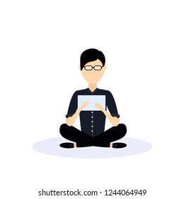 caucasian man sitting pose isolated using tablet male faceless cartoon character flat