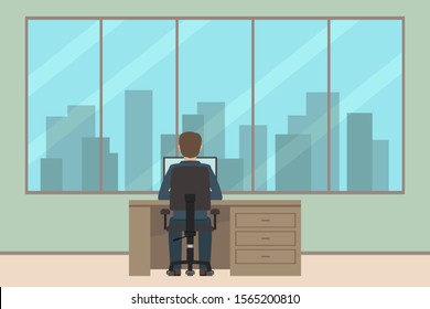 Caucasian man sitting at table and working. Back view. Vector illustration.