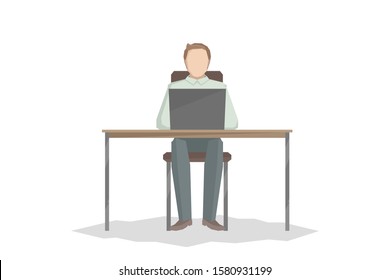 Caucasian man sitting at table and working on laptop. Vector illustration.