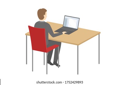 Kaukasischer Mann sitzt am Tisch und arbeitet an einem Laptop. Vektorgrafik.