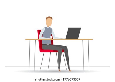 Caucasian man sitting and working on computer. Cartoon. Vector illustration.