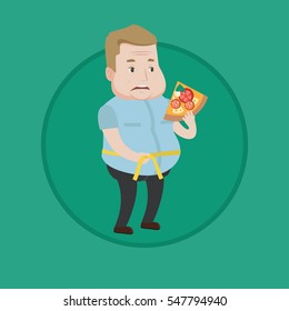 Caucasian man with slice of pizza measuring waistline with tape. Overweight man measuring with tape the abdomen and eating pizza. Vector flat design illustration in the circle isolated on background.