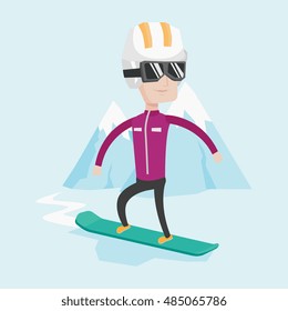 Caucasian man snowboarding on the background of snow capped mountain. Snowboarder on piste in mountains. Young man snowboarding in the mountains. Vector flat design illustration. Square layout.