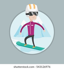 Caucasian man snowboarding on the background of mountain. Snowboarder on piste in mountains. Man snowboarding in the mountains. Vector flat design illustration in the circle isolated on background.