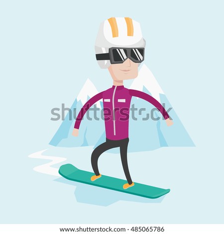 Hombre caucásico snowboard en el fondo de la montaña cubierta de nieve. Snowboard sobre la pista en las montañas. Hombre joven haciendo snowboard en las montañas. Ilustración de diseño plana vectorial. Diseño cuadrado.