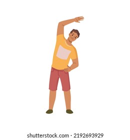 Caucasian man in sportswear doing fitness workout isolated flat cartoon character. Vector fitness pilates activities, yoga sport exercises. Young male stretching hand, guy in good shape