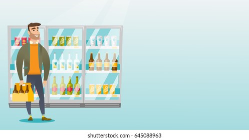 Caucasian man standing in alcohol store with pack of beer on the background of refrigerator. Man buying beer. Beer lover holding pack with bottles. Vector flat design illustration. Horizontal layout.