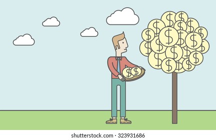 A caucasian man standing and catching dollar coin from money tree. Business growth concept. Vector line design illustration. Horizontal layout with a text space.