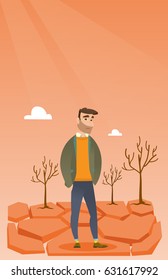 Caucasian man standing in the desert. Frustrated young man standing on cracked earth in the desert. Concept of climate change and global warming. Vector flat design illustration. Vertical layout.